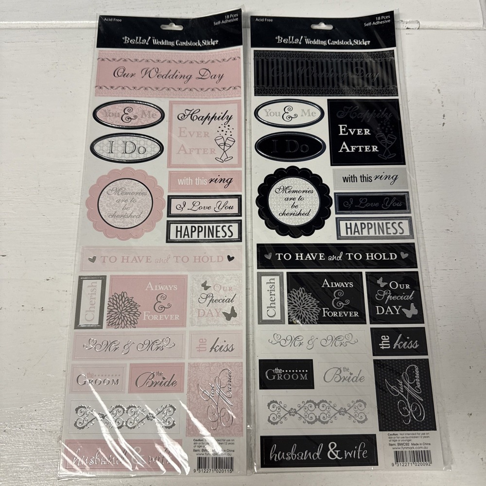 2 x 18 Pcs Bella! Our Wedding Day, foil scrapbook stickers 4x12" - BWC15 BWC92
